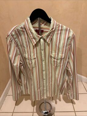 Sundance Mint Green Striped Button-Down Shirt with Red & Cream Accents